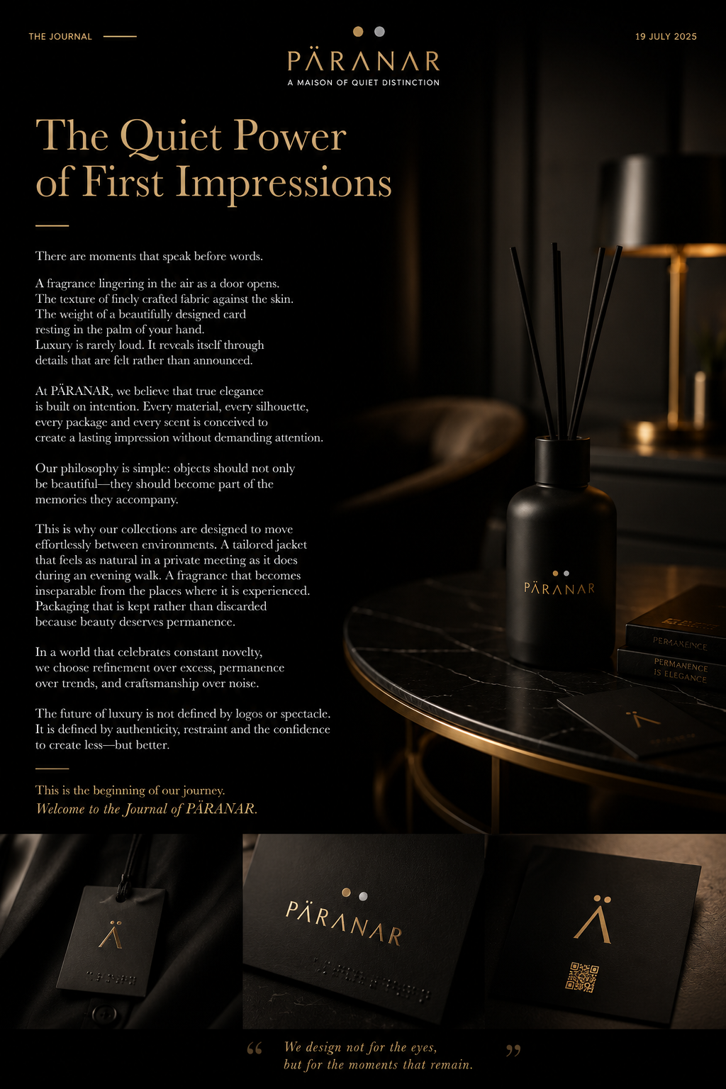 Editorial de PÄRANAR Journal titulada "The Quiet Power of First Impressions", con un difusor de fragancia negro mate, tarjetas premium de la marca y una composición minimalista en negro y oro que representa la elegancia atemporal y el lujo silencioso.