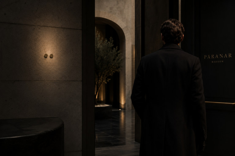 Persona con abrigo negro entrando en un espacio arquitectónico de lujo y estilo minimalista