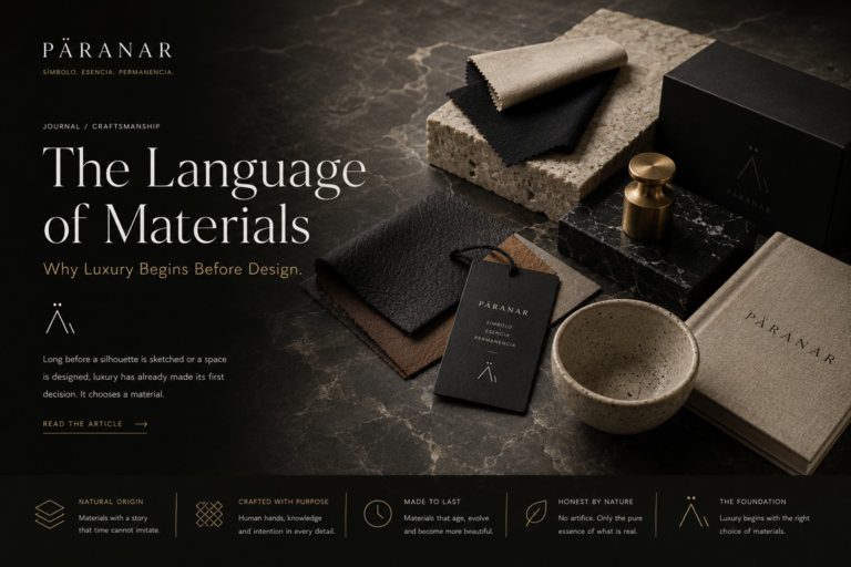 Luxury editorial composition featuring natural materials including leather, stone, brass, linen and ceramic alongside PÄRANAR branding, illustrating how exceptional materials shape timeless design before creation begins.